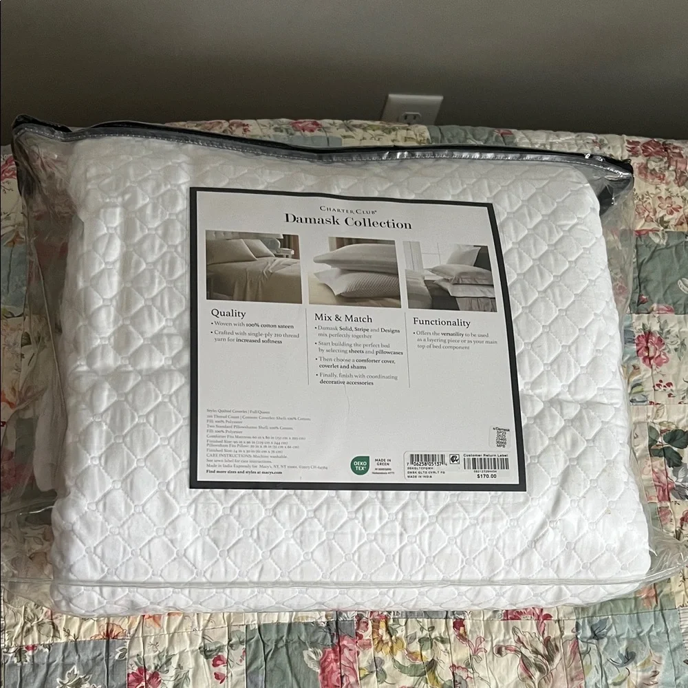 Charter Club Damask Solid White Coverlet Bead Spread Quilt 3pc Set Full/Queen